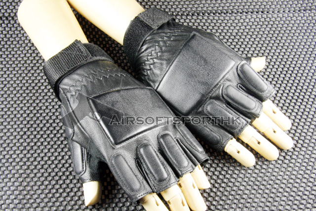 SWAT Half Finger Supple Leather Black Combat Glove 09